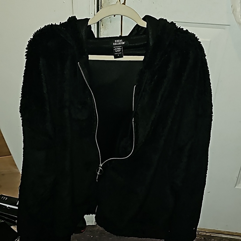 Social collision hooded with ears zip front soft fuzzy jacket